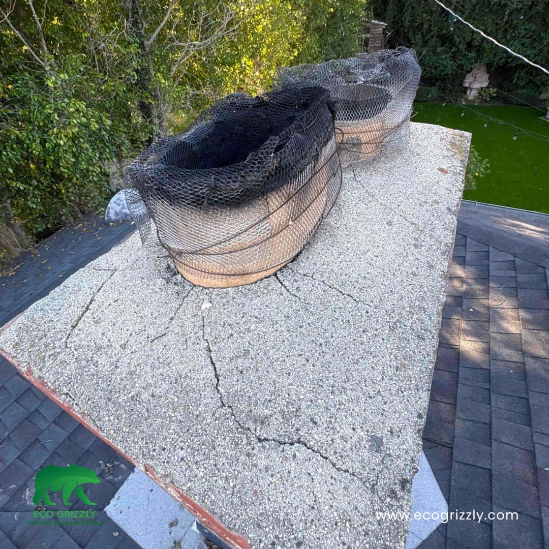 Chimney top with missing caps exposing the flue to weather and debris