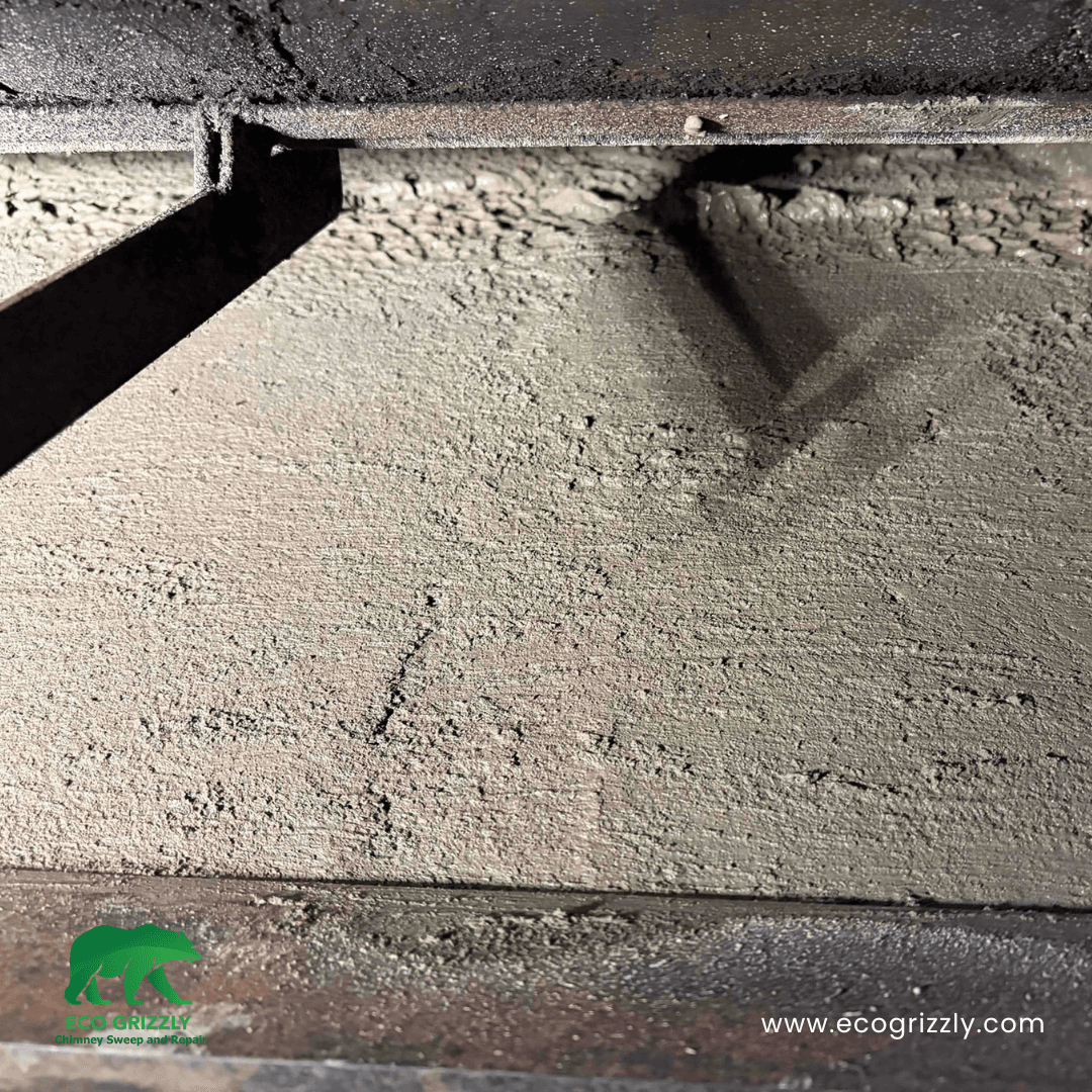 Firebox breastplate resurfaced with new refractory mortar for a clean finish