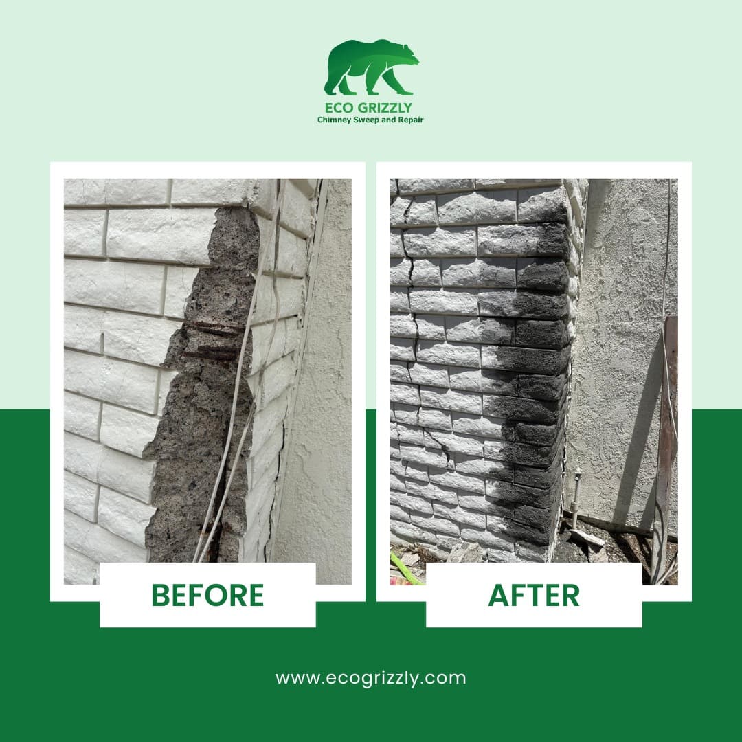 Close-up of chimney masonry repair work completed by Eco Grizzly technician