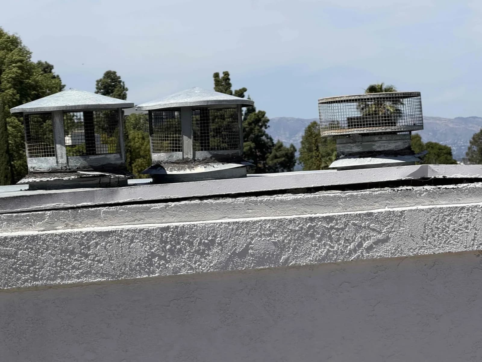 Weathered galvanized flue caps sitting on the original gray chase cover before replacement