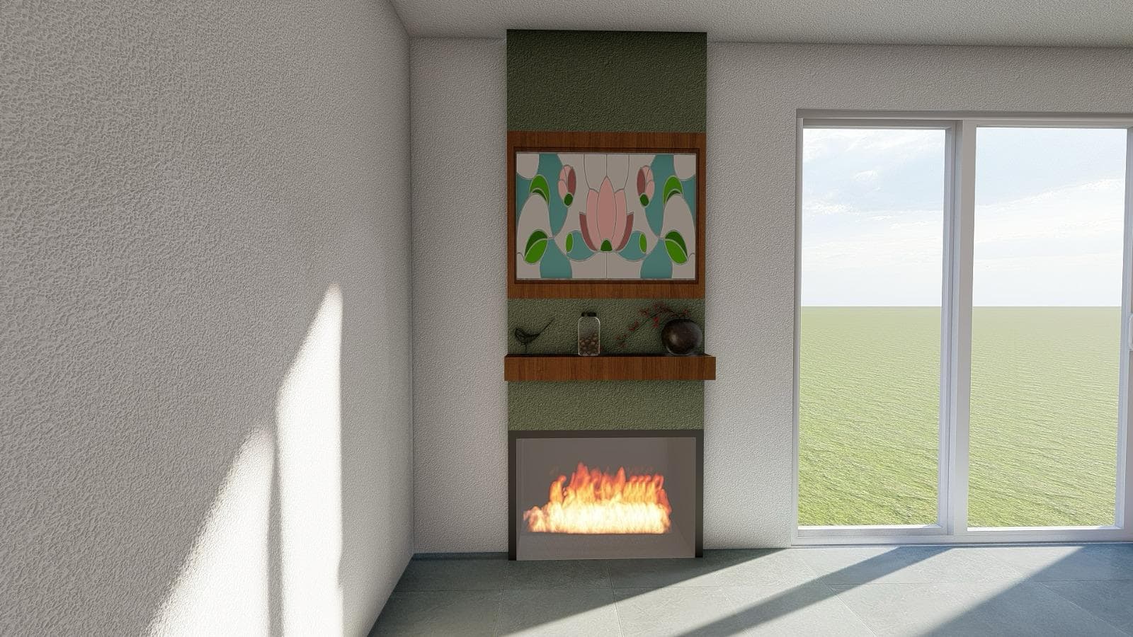 3D design preview rendering of the fireplace insert installation and remodel planned before work began