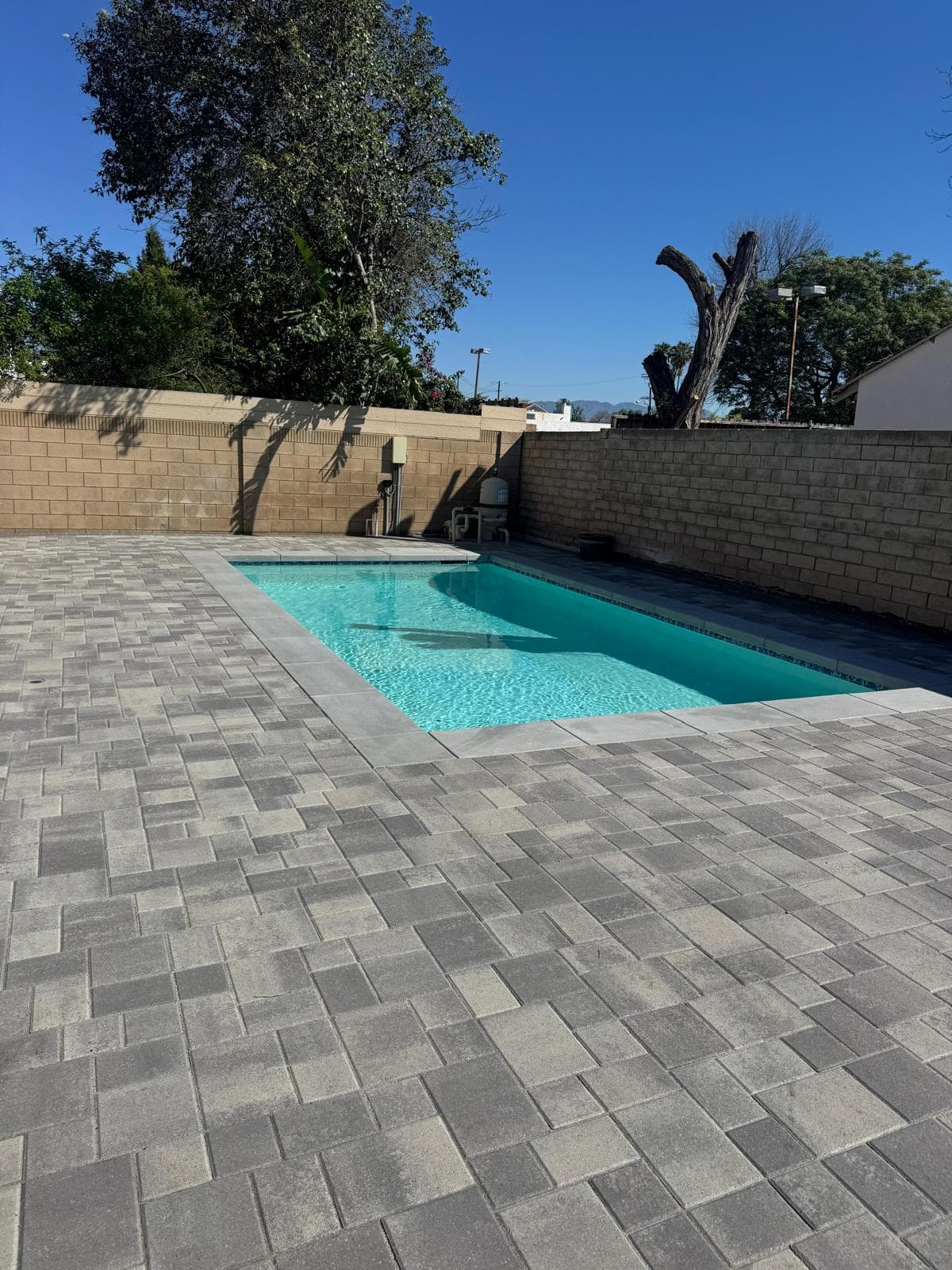 Completed gunite pool filled with clear turquoise water, paver deck and fencing finished
