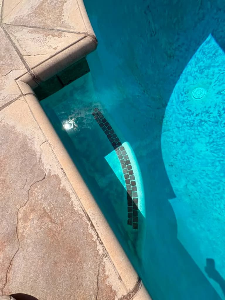 Close view of the pool step and waterline showing dark square tile and discolored plaster
