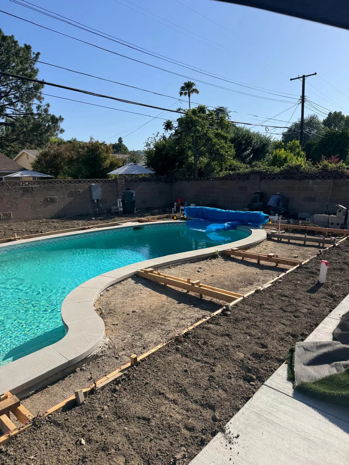 Pool remodel with new curved coping, formed deck edges, and workers preparing the far side of the yard