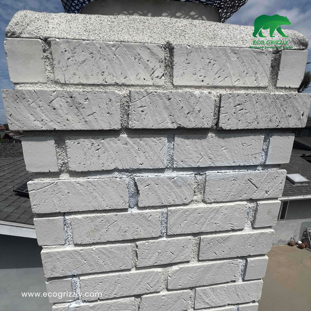 White brick chimney with visible mortar repairs and a black mesh cap on top