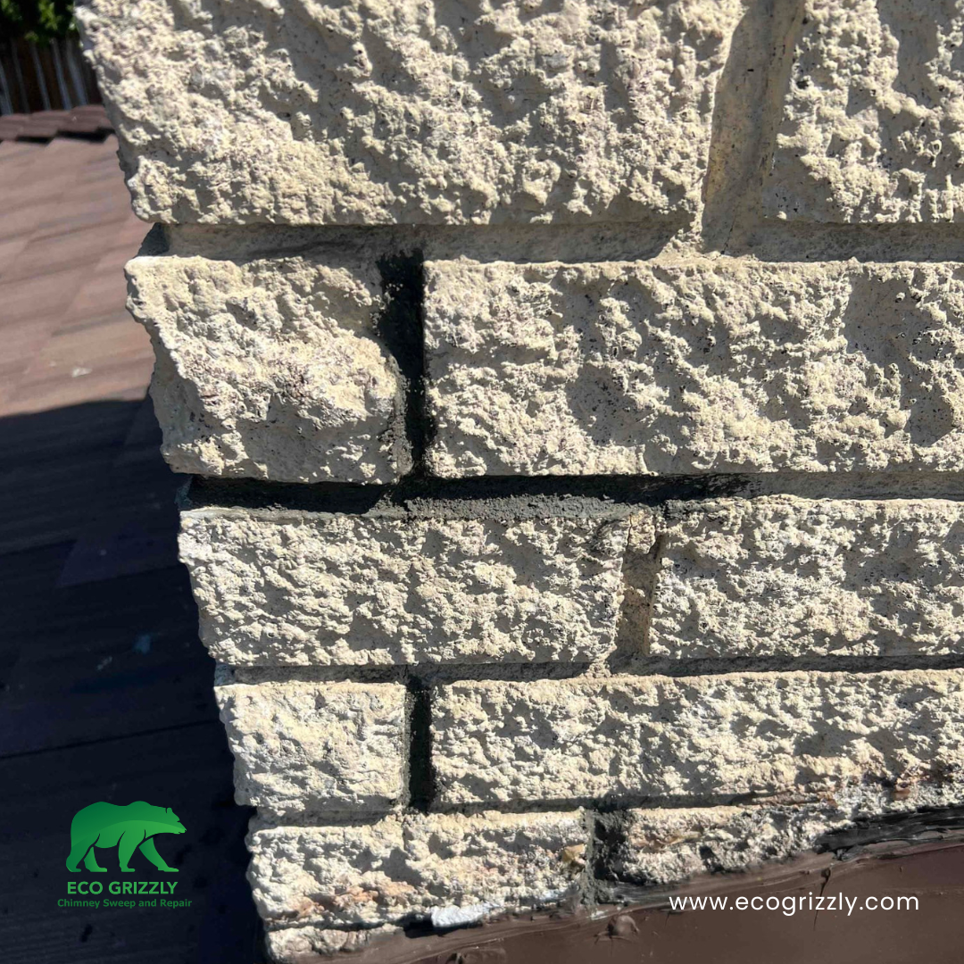 Light-colored brick chimney with dark mortar joints showing wear on a shingled roof