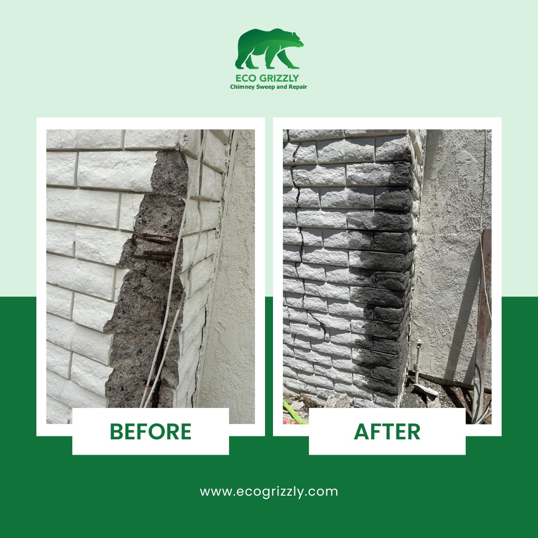 Close-up of chimney masonry repair work completed by Eco Grizzly technician